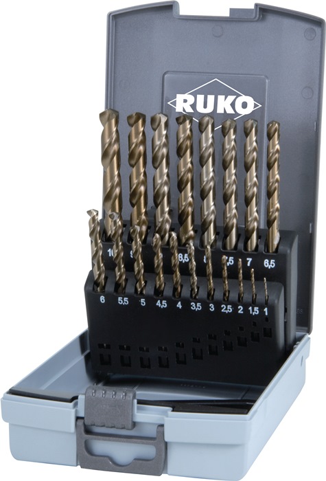 RUKO Spiralbohrersatz DIN 338 Typ VA  1-10x0,5 mm HSS-Co5 19 teilig Kunststoffkassette