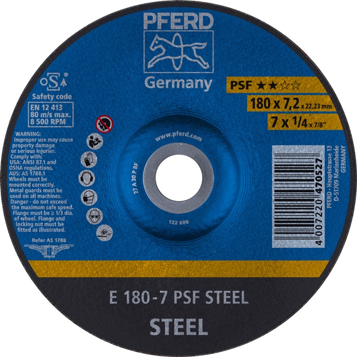 PFERD Schruppscheibe PSF STEEL D180xS7,2mm gekröpft Stahl Bohrung 22,23 mm 10 Stück