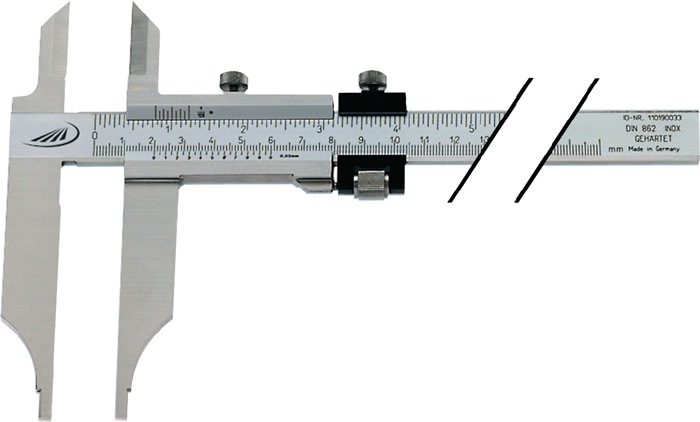 HELIOS PREISSER Werkstattmessschieber DIN 862 500 mm mit Messerspitzen und Feineinstellung Schnabellänge 150 mm