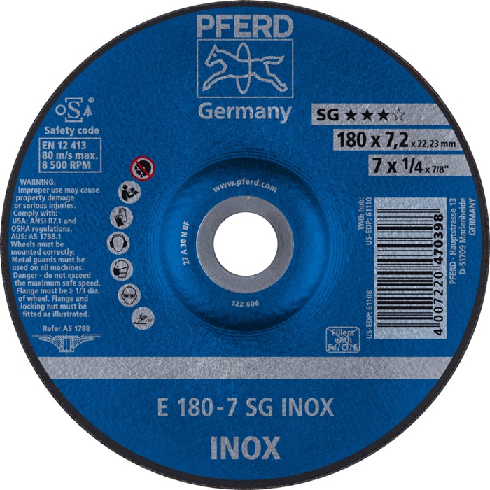 PFERD Schruppscheibe SG INOX D180xS7,2mm gekröpft INOX Bohrung 22,23 mm 10 Stück