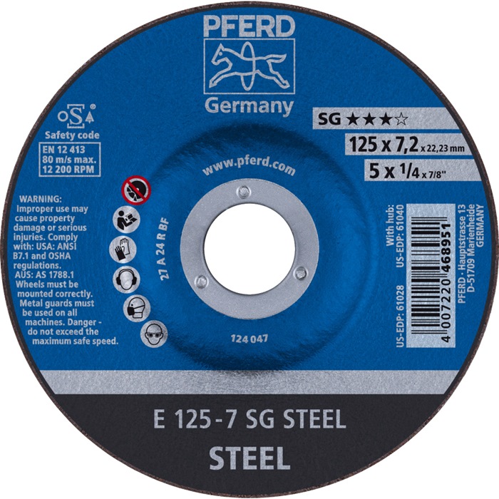 PFERD Schruppscheibe SG STEEL D125xS7,2mm gekröpft Stahl Bohrung 22,23 mm 10 Stück