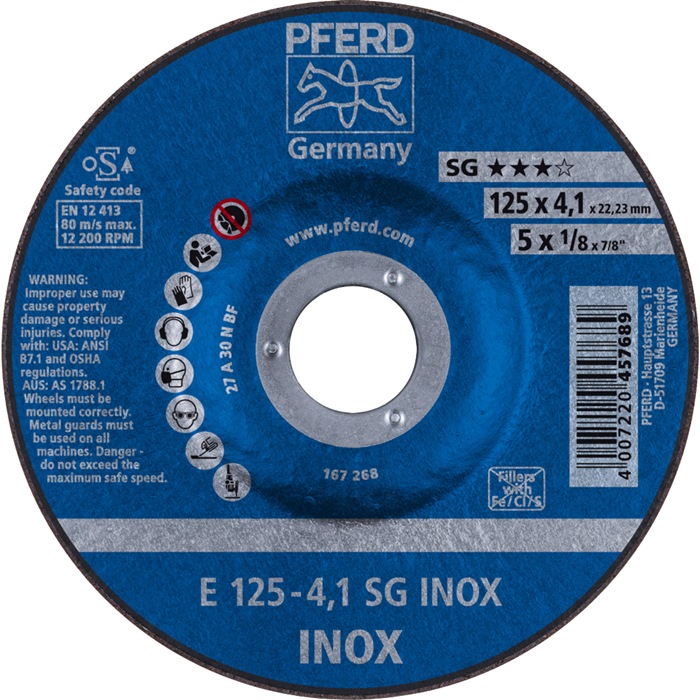 PFERD Schruppscheibe SG INOX D125xS4,1mm gekröpft INOX Bohrung 22,23 mm 10 Stück