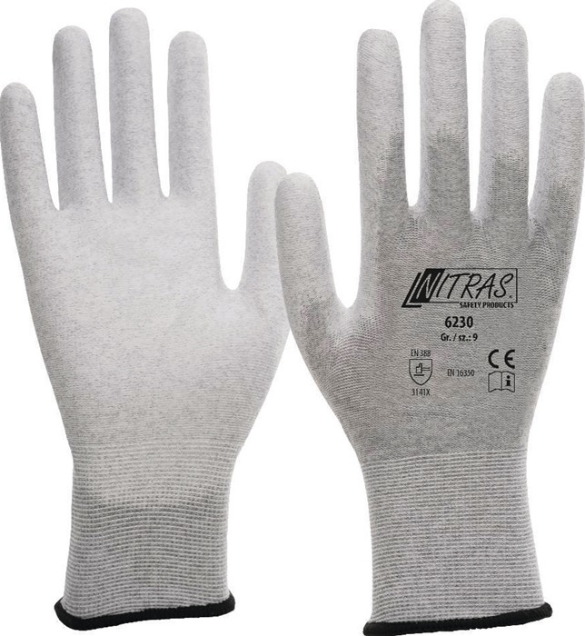 NITRAS Handschuh 6230 Gr.L ESD Nylon-Karbon grau PU teilbesch.weiß antistatisch Strickbund 12 Paar