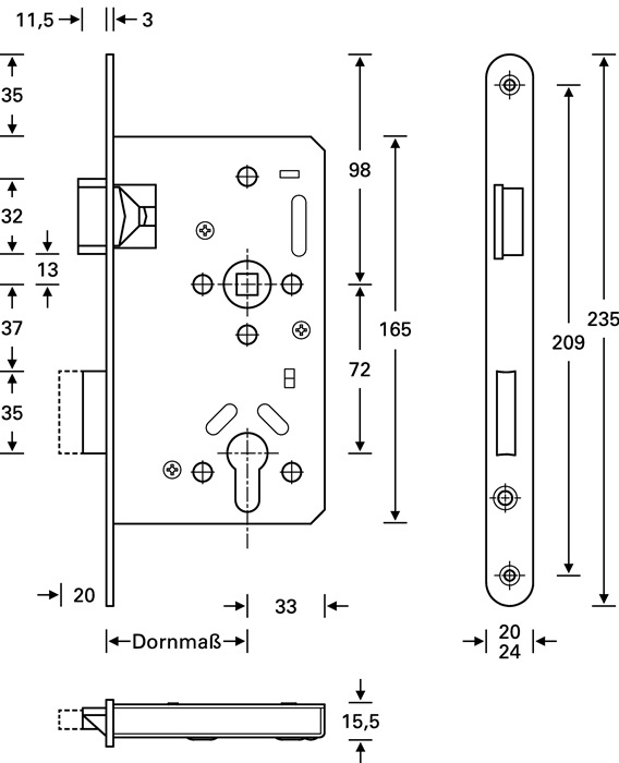 SSF Panik-Einsteckschloss Serie 20 APE Panik-Funktion E abgerundet 20/65/72/9 mm DIN links Edelstahl