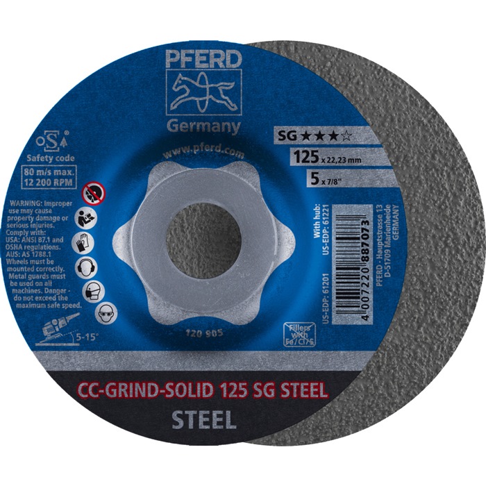 PFERD Schleifscheibe CC-GRIND-SOLID SG STEEL D125xSmm gekröpft Stahl Bohrung 22,23 mm 10 Stück