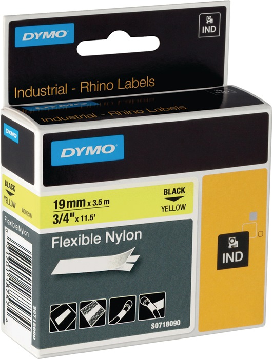 DYMO Schriftband  Bandbreite 19 mm Bandlänge 3,5 m flexibles Nylonband schwarz auf gelb 5 Stück