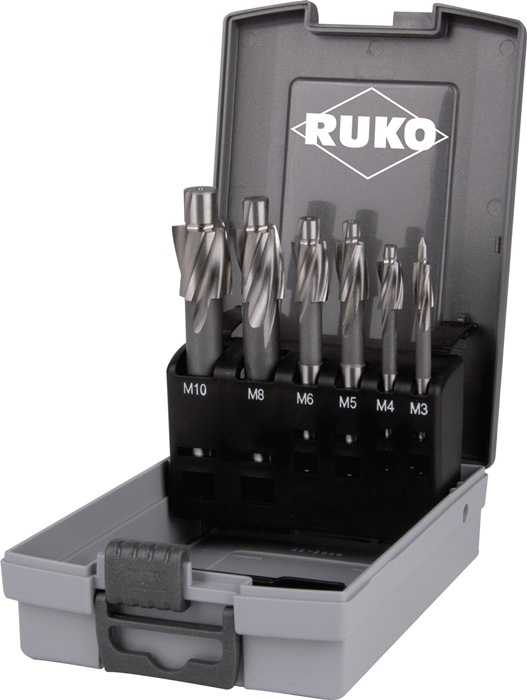 RUKO Flachsenkersatz DIN 373 M3-M10 für Gewindekernloch HSS Schneidenanzahl 3 Kunststoffkassette