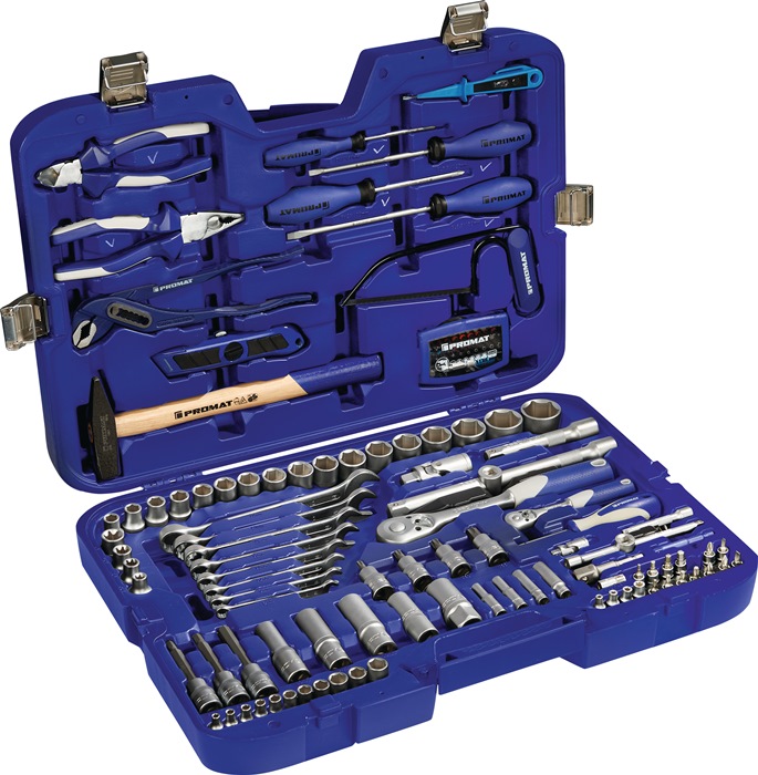 PROMAT Steckschlüssel-/Handwerkzeugkoffer  131-teilig mit Ring-Maulschlüsseln SW 4-32 + 8-19 mm