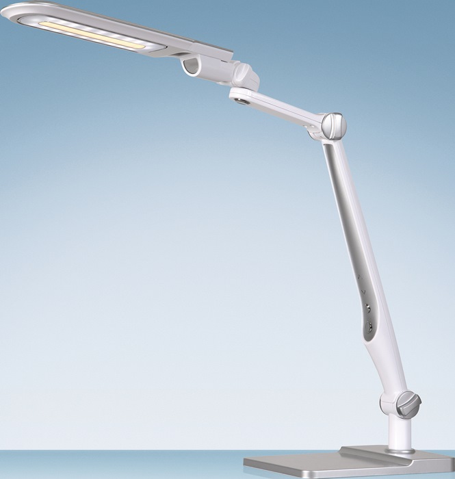 STYRO Schreibtischleuchte LED Multiflex ABS, Eisen, PS weiß/silber Höhe 600 mm mit Standfuß und Klemme LED