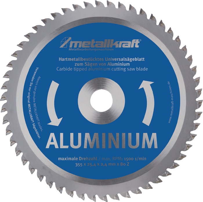 METALLKRAFT Metallkreissägeblatt Aluminium Sägeblatt-Ø 355 mm Breite 2,4 mm HM Bohrungs-Ø 25,4 mm Z80