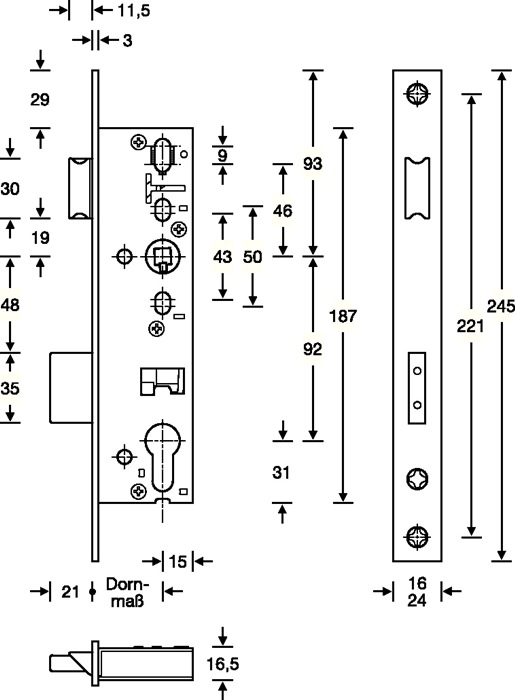 SSF Rohrrahmen-Einsteckschloss  PZW 24/45/92/8 mm DIN links / rechts Edelstahl Riegelausschluss 21 mm 245 mm