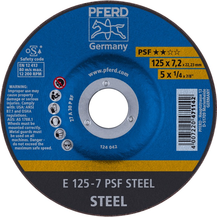 PFERD Schruppscheibe PSF STEEL D125xS7,2mm gekröpft Stahl Bohrung 22,23 mm 10 Stück