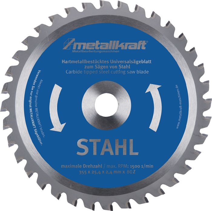 METALLKRAFT Metallkreissägeblatt Stahl Sägeblatt-Ø 355 mm Breite 2,4 mm HM Bohrungs-Ø 25,4 mm Z80