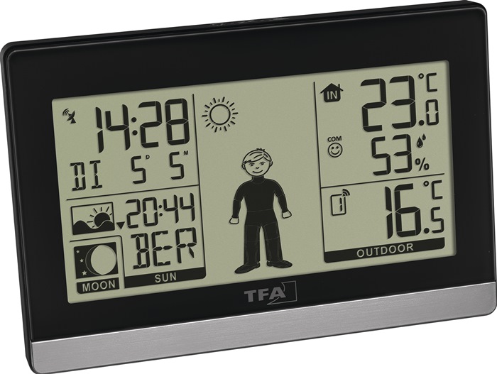 TFA Funkwetterstation Weather Boy H97xB145xT39mm schwarz/silber Kunststoff für innen und außen Wetterfigur gibt Kleiderempfehlung
