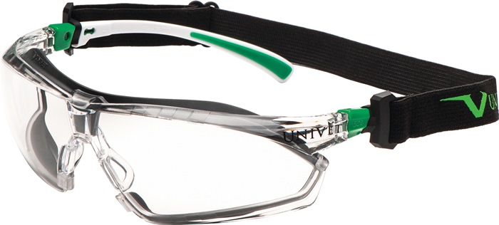 UNIVET Schutzbrille 506 UP Hybrid EN 166, EN 170 Bügel weiß grün, Scheibe klar Polycarbonat, mit Kopfband