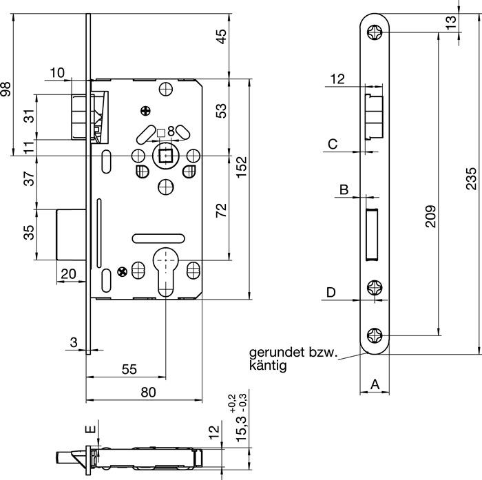 SSF Zimmertür-Einsteckschloss  PZW 20/ 55/72/8 mm DIN rechts silber käntig Klasse 2 Zinkdruckgruss