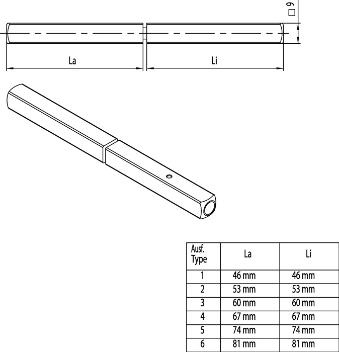 OGRO Panik-Stift OGRO 120 FS SECURE Vierkant 9 mm TS 100-106 mm geteilter Vollstift