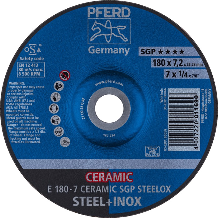 PFERD Schruppscheibe CERAMIC SGP STEELOX D180xS7mm gekröpft Stahl Bohrung 22,23 mm 10 Stück