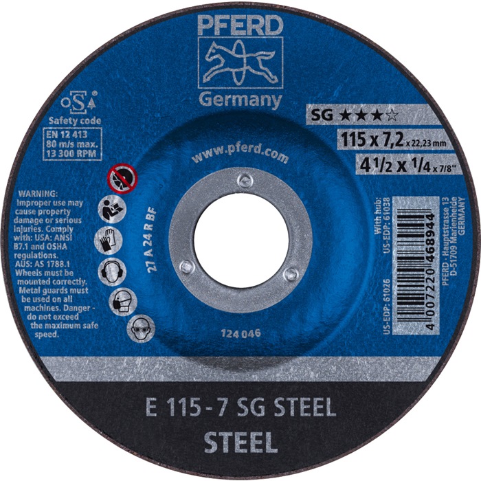 PFERD Schruppscheibe SG STEEL D115xS7,2mm gekröpft Stahl Bohrung 22,23 mm 10 Stück