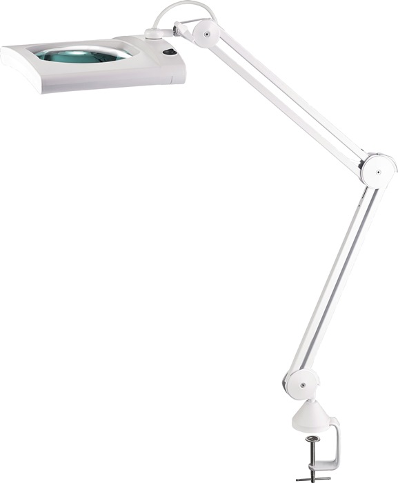 LED-Lupenleuchte  Glaslinse 190,5 (7,5") Tischklemme weiß mit Abdeckung, eckiger Kopf