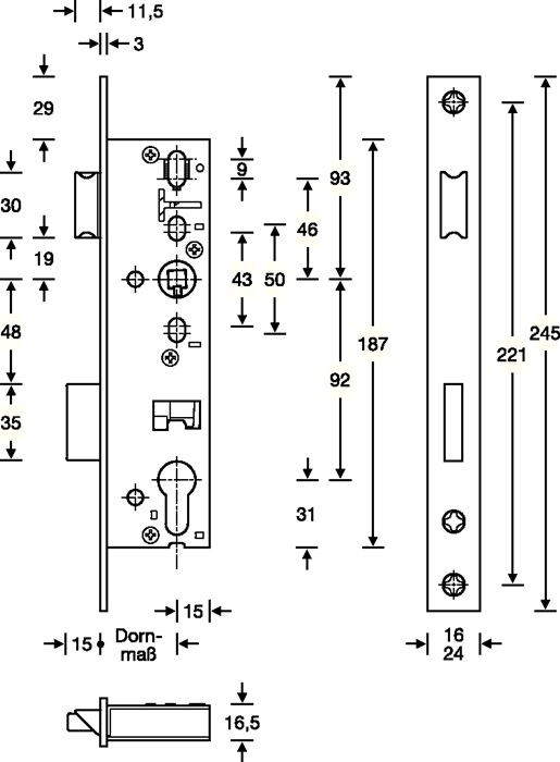 SSF Rohrrahmen-Einsteckschloss  PZW 24/25/92/8 mm DIN links / rechts Stahl matt chromatiert Riegelausschluss 15 mm 245 mm