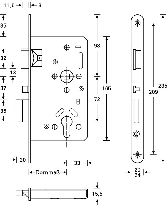 SSF Panik-Einsteckschloss Serie 20 APK Panik-Funktion E abgerundet 20/55/72/9 mm DIN links Edelstahl selbstverriegelnd