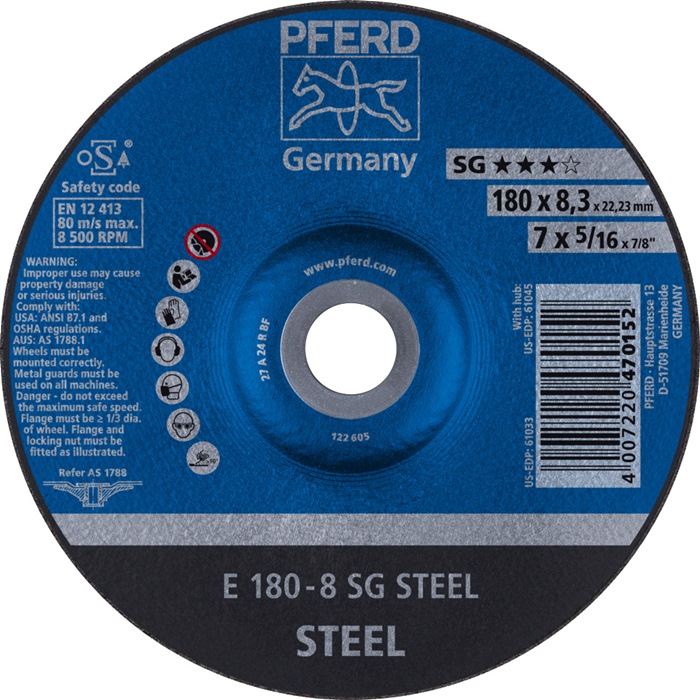 PFERD Schruppscheibe SG STEEL D180xS8,3mm gekröpft Stahl Bohrung 22,23 mm 10 Stück
