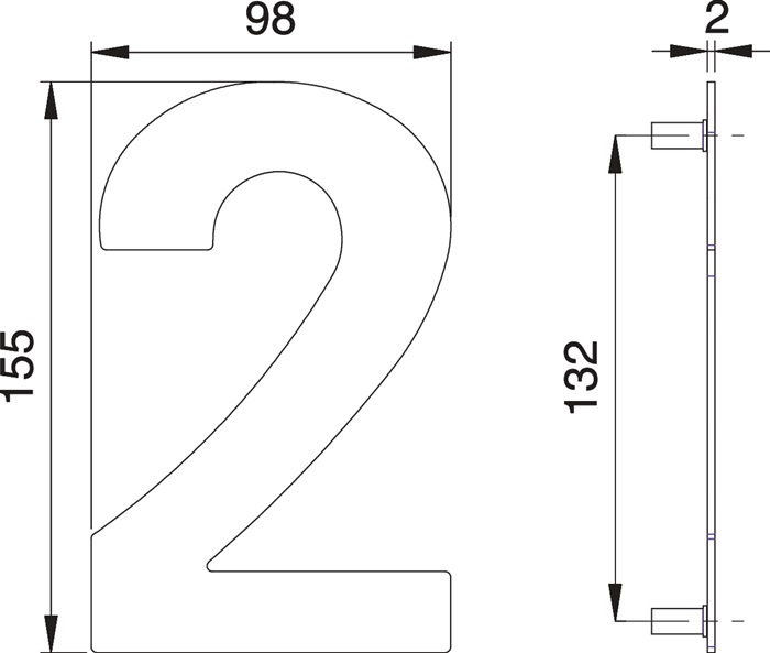EDI Hausnummer Ziffer 2 Edelstahl matt 150 mm Breite 98 mm