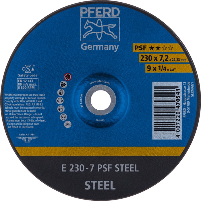 PFERD Schruppscheibe PSF STEEL D230xS7,2mm gekröpft Stahl Bohrung 22,23 mm 10 Stück