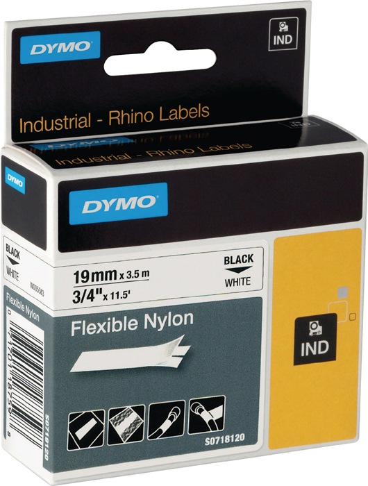 DYMO Schriftband  Bandbreite 19 mm Bandlänge 3,5 m flexibles Nylonband schwarz auf weiß 5 Stück
