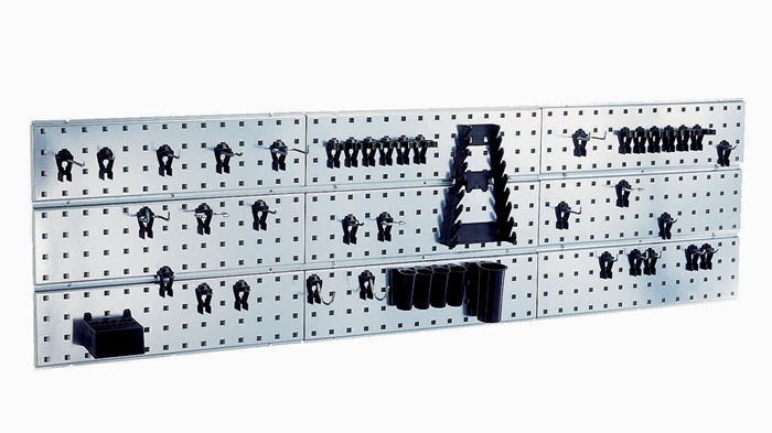 RAACO Werkzeughakenset m.Lochplatten Werkzeug-Wandpaneel x 3 + 44Clips 3 Lochplatten m.44 sort.Werkzeughaken B.1560xH.440mm