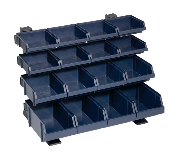 RAACO Sichtboxen-Tischständer Sichtboxen-Tischständer Mix B.500xT.360xH.388mm m.16 Boxen in 3Gr. dkl.-blau Ständer a.PS, Boxen a.PP
