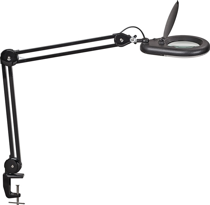 LED-Lupenleuchte  Glaslinse 127 (5") Tischklemme schwarz mit Abdeckung, runder Kopf