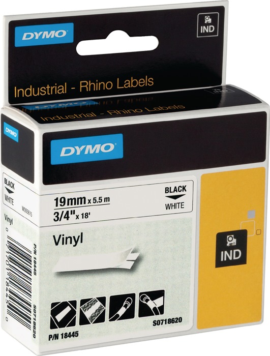 DYMO Schriftband  Bandbreite 19 mm Bandlänge 5,5 m Vinylband schwarz auf weiß 5 Stück