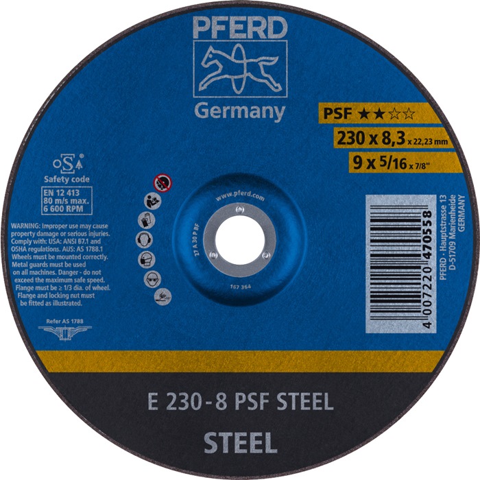 PFERD Schruppscheibe PSF STEEL D230xS8,3mm gekröpft Stahl Bohrung 22,23 mm 10 Stück