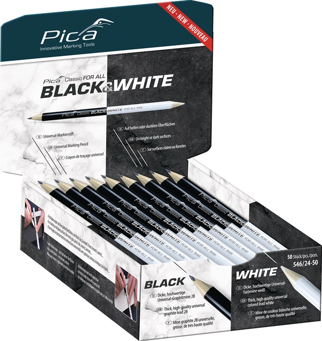 PICA Markierstift Classic FOR ALL Black&White Länge 24 cm 2B beidseitig gespitzt 50 Stück